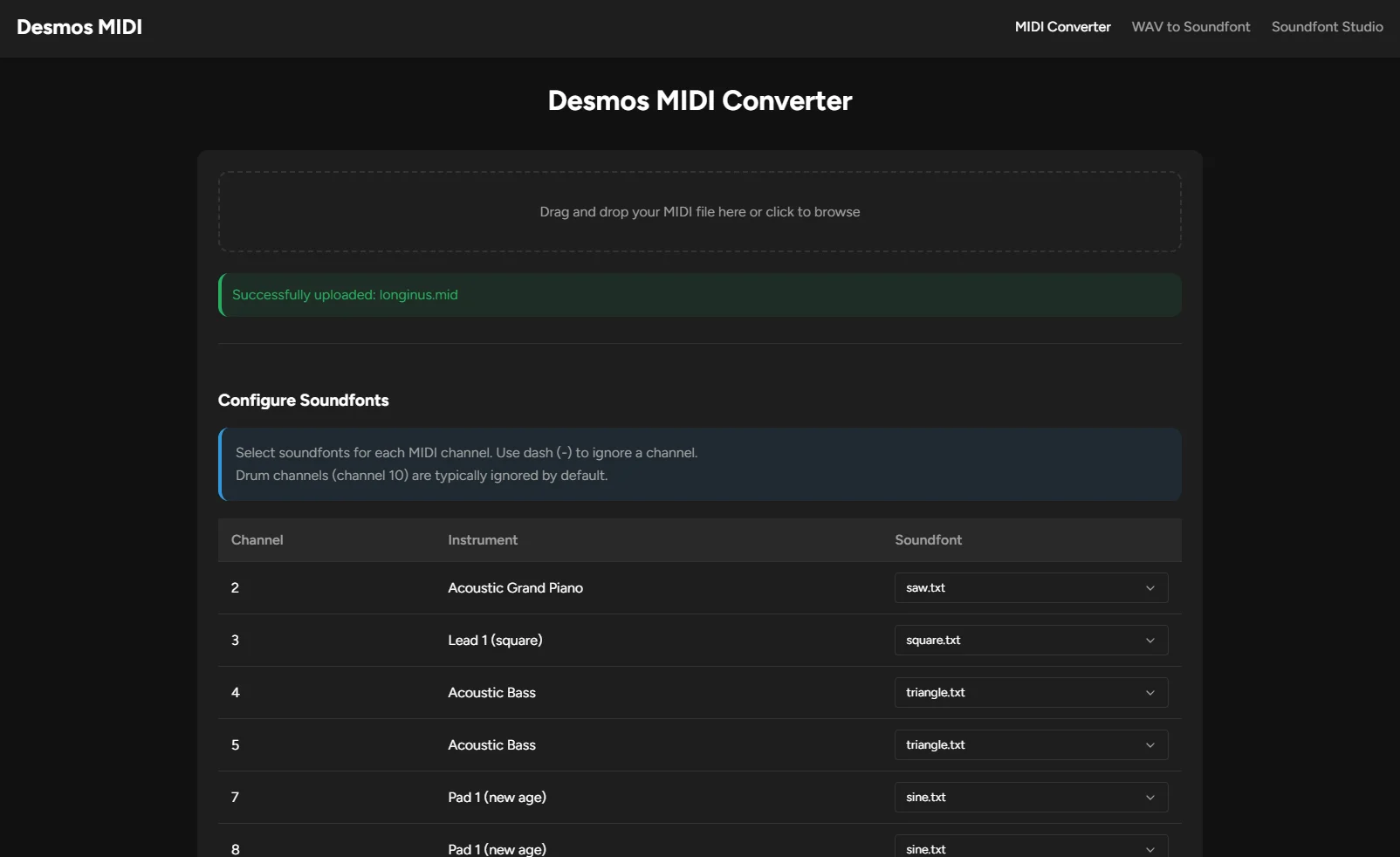 Desmos MIDI interface screenshot