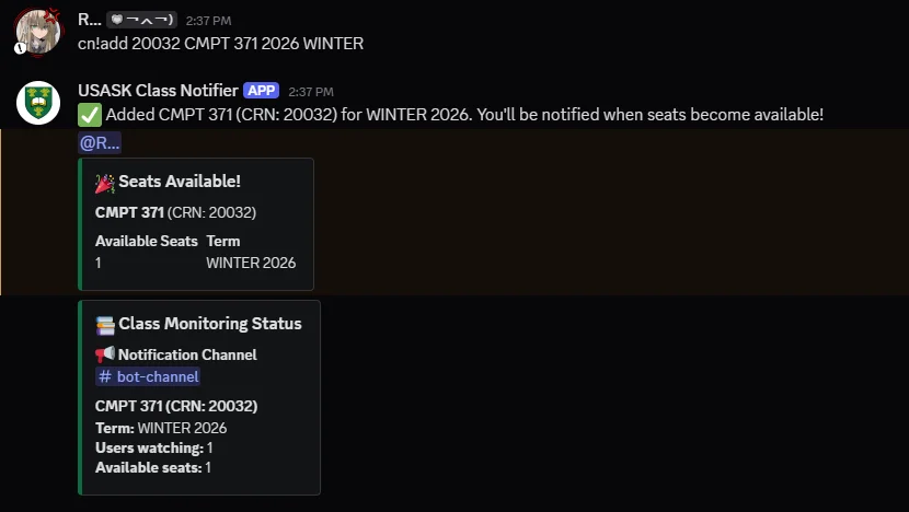 USask Class Notifier bot screenshot